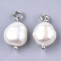Natural Cultured Freshwater Pearl Pendants, with Brass Findings, Platinum, Creamy White, 16x10~11mm, Hole: 3mm(X-PEAR-Q013-01B)