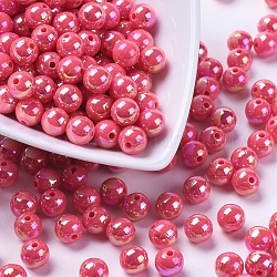 Eco-Friendly Poly Styrene Acrylic Beads, AB Color Plated, Round, Fuchsia, 8mm, Hole: 1mm, about 2000pcs/500g(PL425-7)