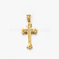 304 Stainless Steel Rhinestone Cross Pendants, Real 18K Gold Plated, 28x15x3.5~4mm, Hole: 5~10x5~5.5mm(STAS-M185-41G)