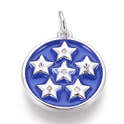 Brass Enamel Pendants, with Cubic Zirconia, Flat Round with Star, Blue, Platinum, 17x15x2mm, Hole: 3.5mm(KK-O113-08A-P)