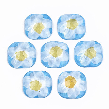 Translucent Acrylic Cabochons, Square with Flower Pattern, Light Sky Blue, 24.5x24.5x8.5mm