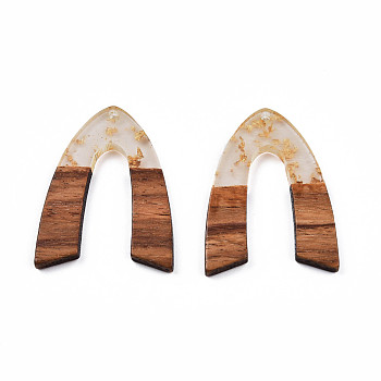 Transparent Resin & Walnut Wood Pendants, with Foil, V Shape Charm, Gold, 38x29x3mm, Hole: 2mm