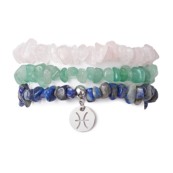 3Pcs 3 Styles Natural Green Aventurine & Rose Quartz & Lapis Lazuli Chips Stretch Bracelets Sets, Stackbale Bracelets with 304 Stainless Steel Charms, Pisces, Inner Diameter: 2-1/8 inch(5.5cm), 1Pc/style