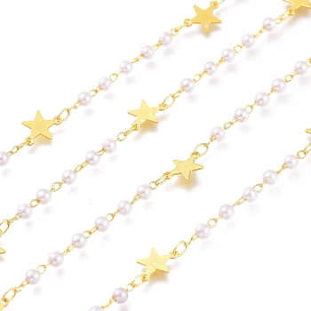 3.28 Feet Brass Star Links Chains, with White Round  CCB Plastic Beads, Soldered, Long-Lasting Plated, Golden, Link: 4x2.5x3mm and 2.5x1.7x0.3mm