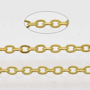 Brass Coated Iron Cable Chains, Soldered, with Spool, Flat Oval, Golden, 2.2x1.7x0.3mm, about 39.37 Feet(12m)/roll