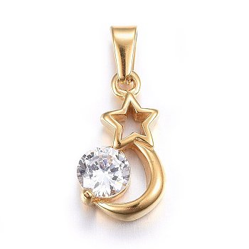 304 Stainless Steel Pendants, with Cubic Zirconia, Star, Clear, Golden, 17x10x3.5mm, Hole: 5x2.5mm