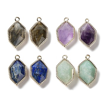 Natural Mixed Gemstone Pendants, Faceted Hexagon Charms with Rack Plating Golden Plated Brass Edge Loops, 22.5x13x6.5~7mm, Hole: 1.5~1.6mm