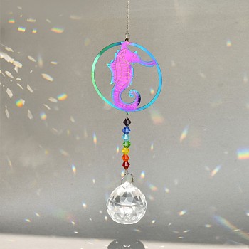 Glass Hanging Suncatcher Pendant Decoration, Crystal Ceiling Chandelier Ball Prism Pendants, with Stainless Steel Findings, Sea Horse Pattern, 280mm