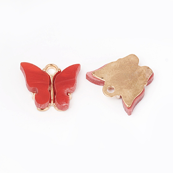 Acrylic Charms, with Alloy Findings, Butterfly, Golden, Red, 12.5x14.5x2.5mm, Hole: 1.5mm