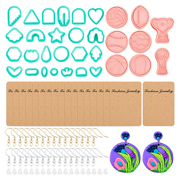 32Pcs Plastic & Resin Molds, Cutter Tools, with 40Pcs Rectangle Earring Display Cards, 80Pcs Iron Earring Hooks, 80Pcs Resin Bell Ear Nuts, Mixed Color, 23.5~65x17~53x14.5~19mm