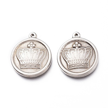 201 Stainless Steel Pendants, Flat Round with Crown, Stainless Steel Color, 21x18x3mm, Hole: 1.4mm