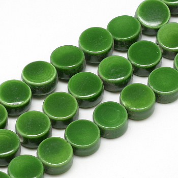 Handmade Porcelain Beads, Bright Glazed Porcelain, Flat Round, Green, 8~8.5x4~4.5mm, Hole: 2mm