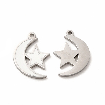 304 Stainless Steel Pendants, With Enamel, Moon With Star, White, 15.5x11.5x1mm, Hole: 1.2mm