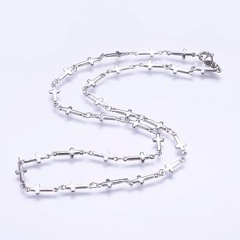 304 Stainless Steel Chain Necklaces, with Lobster Claw Clasps, Cross, Stainless Steel Color, 17.9 inch(45.5cm)