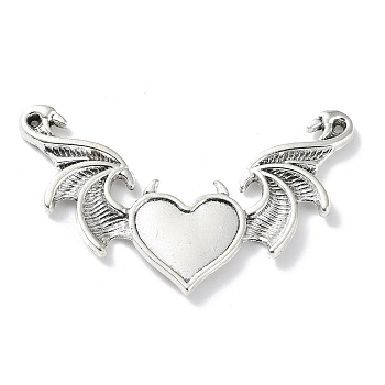 Alloy Cabochon Connector Settings, Heart with Wings, Antique Silver, Tray: 11.5x16mm, 35x53x2.5mm, Hole: 1.2mm