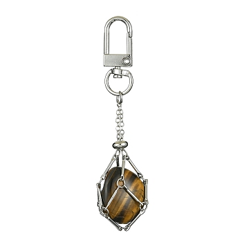Brass Braided Chain Pouch Empty Stone Holder Pendant Decorations, with Alloy Swivel Clasps, Platinum, 85mm