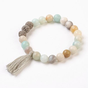 Natural Flower Amazonite and Lava Rock(Dyed) Beads Stretch Charm Bracelets, with Tassels, Beige, 2 inch(5cm), Tassels: 34x12mm
