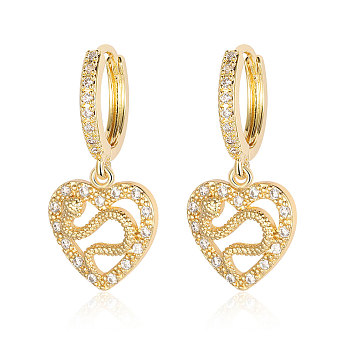 Brass Micro Pave Clear Cubic Zirconia Hoop Earrings, Hollow Heart with Snake Dangle Earrings for Women, Real 18K Gold Plated, 28x12mm