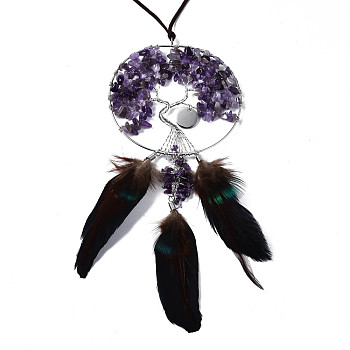 Natural Amethyst Big Pendants, Wire Wrapped Pendants, with Platinum Brass Wires Tree and Leather Cord,  Woven Net/Web with Feather, 590~595mm