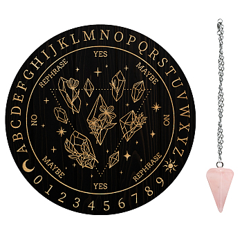 AHADERMAKER Custom PVC Plastic Pendulum Board, with Natural Rose Quartz Stone Pendants, and 304 Stainless Steel Cable Chain Dowsing Divination Board, for Witchcraft Wiccan Altar Supplies, Flat Round, Diamond Pattern