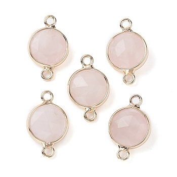 Natural Rose Quartz Connector Charms, Faceted Flat Round with Golden Plated Brass Frame, 16.5x10.5x5mm, Hole: 1.5mm
