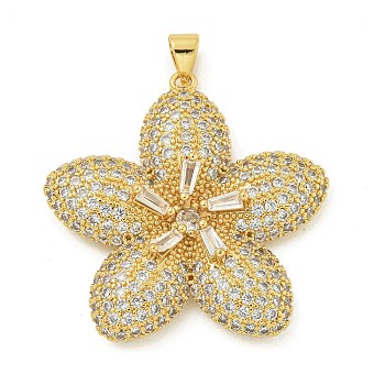 Rack Plating Brass Micro Pave Clear Cubic Zirconia Pendants, Long-Lasting Plated, Lead Free & Cadmium Free, Flower, Real 18K Gold Plated, 34x33.5x6mm, Hole: 4x3.5mm