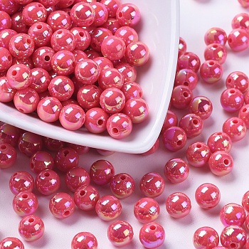 Eco-Friendly Poly Styrene Acrylic Beads, AB Color Plated, Round, Fuchsia, 8mm, Hole: 1mm, about 2000pcs/500g