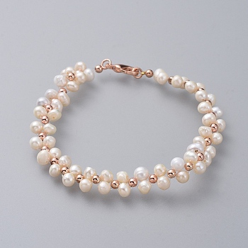 Beaded Bracelets, with Natural Pearl, Brass Beads, Cornsilk, Rose Gold, 7-1/2 inch(19cm), 9mm