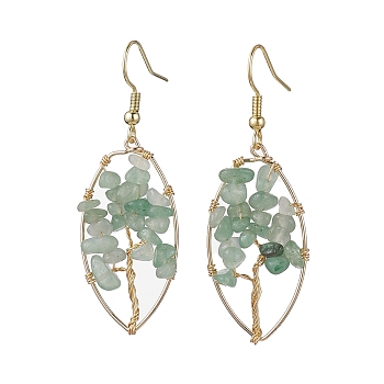Natural Green Aventurine Chips Tree of Life Dangle Earrings, Real 18K Gold Plated Brass Wire Wrap Drop Earrings, 54.5x18mm