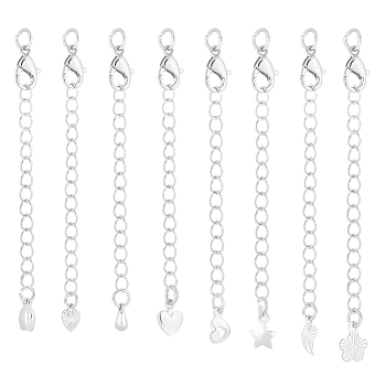 24Pcs 8 Styles Brass Curb Chain Extenders, End Chains with Chain Tab and Lobster Claw Clasp, Silver, 68~73mm, 3Pcs/style