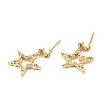 Clear Cubic Zirconia Moon and Star Dangle Stud Earrings, Brass Jewelry for Women, Cadmium Free & Lead Free, Real 18K Gold Plated, 25mm, Pin: 0.9mm