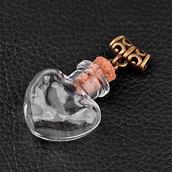 Heart Glass Bottle Pendants for Bead Containers, with Tampions and Alloy Tube Bails, Antique Bronze, Clear, 42x21x11mm, Hole: 3mm, Bottle Capacity: 1ml(0.03 fl. oz)