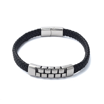 Men's Braided Black PU Leather Cord Bracelets, Grooved Rectangle 304 Stainless Steel Link Bracelets with Magnetic Clasps, Antique Silver, 8-1/2x3/8 inch(21.6x1.05cm)