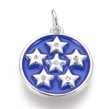 Brass Enamel Pendants, with Cubic Zirconia, Flat Round with Star, Blue, Platinum, 17x15x2mm, Hole: 3.5mm