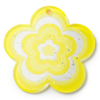 Acrylic Pendants with Glitter Powder, Flower, Yellow, 30.5x31.5x1.8mm, Hole: 1.8mm