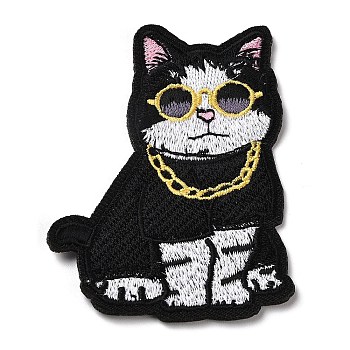 Cat with Necklace & Glasses Appliques, Computerized Embroidery Cloth Iron on/Sew on Patches, Costume Accessories, Black, 75.5x55.5x1.5mm
