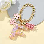 Flower Alloy Enamel & Resin Letter Cup Charms, with Alloy Lobster Claw Clasps and Chain, Letter F, 185mm(HJEW-YW00073-06)