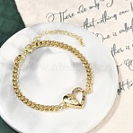 Brass Micro Pave Cubic Zirconia Link Bracelets, Cuban Link Chain Jewelry for Women, Heart, Real 18K Gold Plated, 7-3/8 inch(18.7cm), Pendants: 30x20x4mm(BJEW-M050-06G-02)