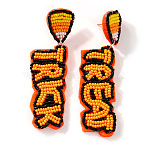 Halloween Handmade Glass Seed Beads Dangle Stud Earrings, Word, Platinum, Orange, 80~85x25mm(WA9568-1)