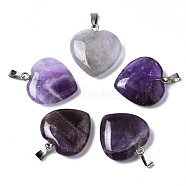 Natural Amethyst Pendants, with Platinum Plated Brass Snap On Bails, Heart, 22~23x20~21x6mm, Hole: 7x2mm(G-S364-081A-01)