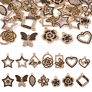 28Pcs 14 Styles Alloy Enamel Pendants, with Crystal Rhinestone, Rhombus & Star & Leaf & Butterfly & Heart Charms, Light Gold, Black, 17~26x11.5~21x1.5~6mm, Hole: 1.8~2.5mm,  2Pcs/style(FIND-TA0002-71)