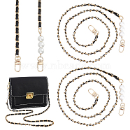 PU Leather Bag Straps, with  Aluminum Chain and ABS Imitation Pearls, Alloy Swivel Clasps, Black, 116x0.8x0.4cm(FIND-WH0111-366B)