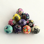Handmade Flower Pattern Polymer Clay Beads, Round, Mixed Color, 13~14mm, Hole: 1~2mm(CLAY-Q173-M)
