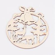 Undyed Wooden Pendants, Flat Round, for Christmas Theme, Antique White, 99x91x3mm, Hole: 3mm(WOOD-K005-04)