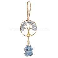 Wire Wrapped Chips Natural Aquamarine Big Pendant Decorations, with Brass Wires and Nylon Cord, Flat Round with Tree of Life, 170mm(HJEW-SZ0001-27B)
