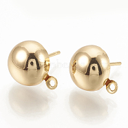 Iron Stud Earring Findings, with Loop, Nickel Free, Half Round, Real 18K Gold Plated, 10.5x8mm, Hole: 1mm, pin: 0.5mm(X-KK-P159-03G-NF)