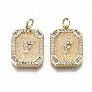 Brass Micro Pave Clear Cubic Zirconia Pendants, Nickel Free, Real 18K Gold Plated, Rounded Rectangle with Word, Letter.F, 19x14x2.5mm, Jump Ring: 5x0.7mm, 3mm inner diameter(KK-S356-234F-G-NF)