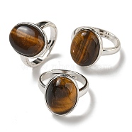 Natural Tiger Eye Oval Adjustable Rings, Lead Free & Cadmium Free, Silver Plated Brass Finger Rings for Women Men, Oval: 18x14mm, Inner Diameter: 18mm(RJEW-K371-07S-16)