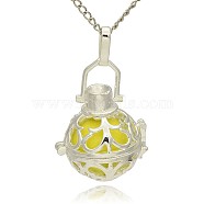 Silver Color Plated Brass Hollow Round Cage Pendants, with No Hole Spray Painted Brass Round Beads, Champagne Yellow, 33x24x21mm, Hole: 3x8mm(KK-J235-10S)