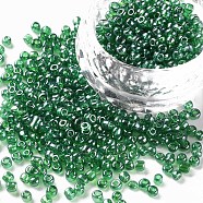 Glass Seed Beads, Trans. Colours Lustered, Round, Green, 3mm, Hole: 1mm, about 10000pcs/pound(SEED-A006-3mm-107)